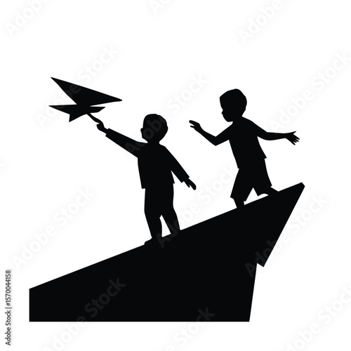 Silhouette brother,  Children playing with paper airplane on peak silhouette vector illustration