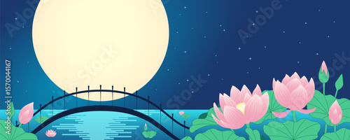 Moon, stars, lotus flowers, bridge, moonlit night sky background. Hand drawn vector illustration. Qixi, Mid Autumn Festival backdrop. Traditional Chinese, Japanese, Korean design elements