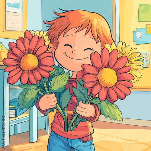 Happy child holding colorful flowers in a bright classroom  