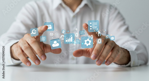 Man's hands interacting with futuristic digital interface. 