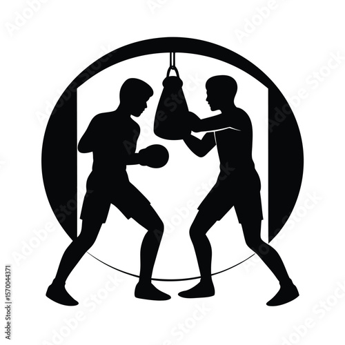 Silhouette brother, Two boxers training with punching bag silhouette vector illustration