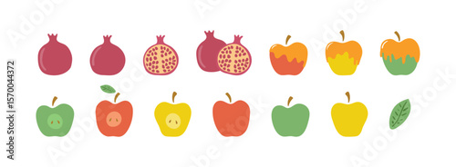 Pomegranates, apples in honey Rosh Hashanah clip art collection, isolated on transparent. Hand drawn flat vector illustration. Hebrew New Year, seasonal summer, autumn fruits design elements set