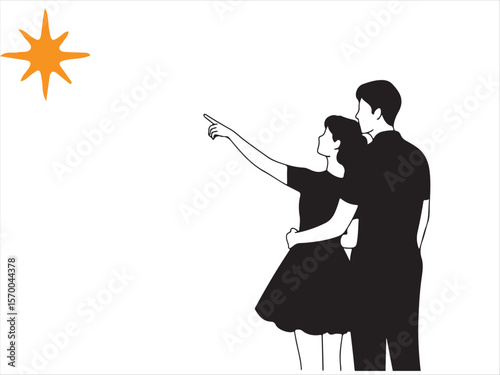 Couple pointing at a bright star against a white background