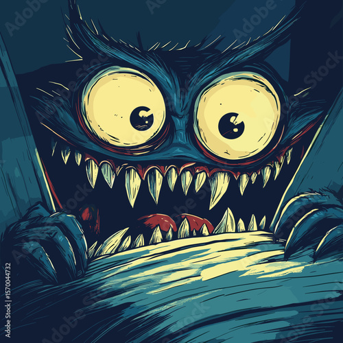 Cartoon monster with sharp teeth peeking from behind a blanket  