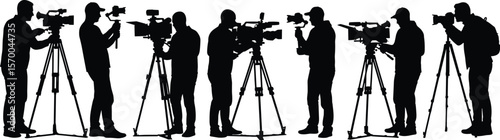 Silhouettes of professional videographers with cameras on tripods, symbolizing media production, filmmaking, broadcasting, and news coverage, ideal for industry concepts.