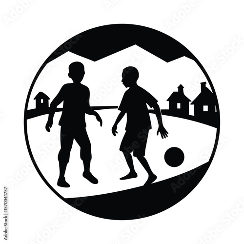 Silhouette brother, Children playing soccer in village scene silhouette vector illustration