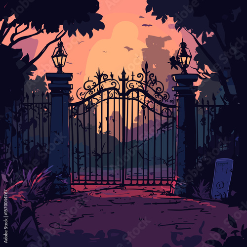 Wrought iron gate opening to a sunset view in a wooded area  
