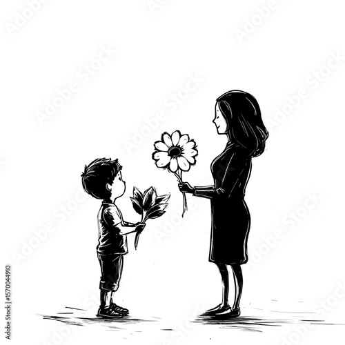 Boy giving flowers to woman while sharing a loving moment  
