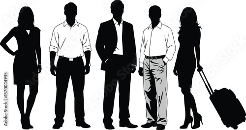 Silhouettes of diverse business professionals, including a woman with luggage, symbolizing travel, corporate journeys, and global networking, isolated on white.