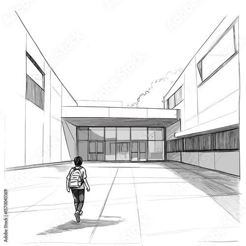 Student walking towards school entrance in modern architecture  