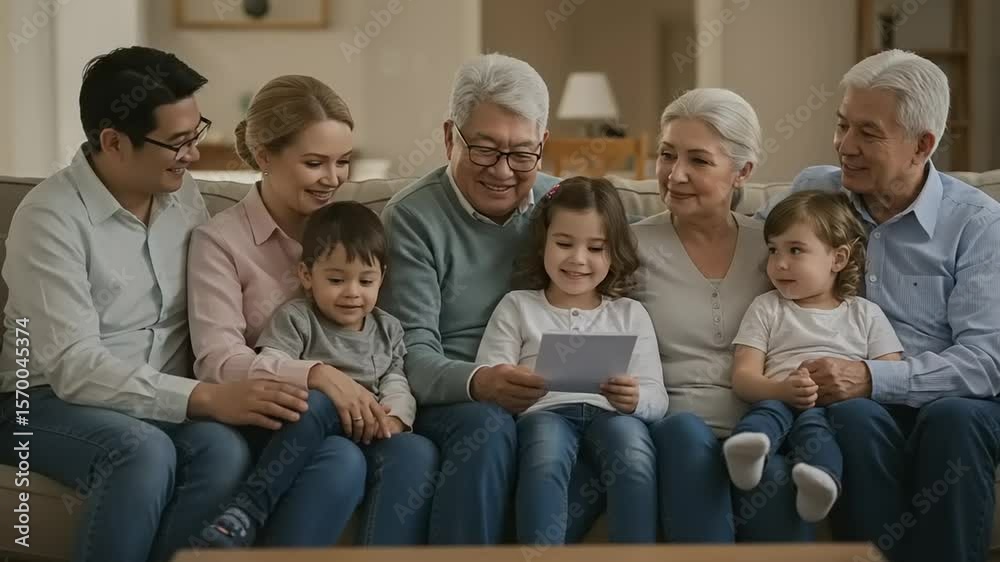 Family viewing photo with home living room. Family viewing photo with home living room.