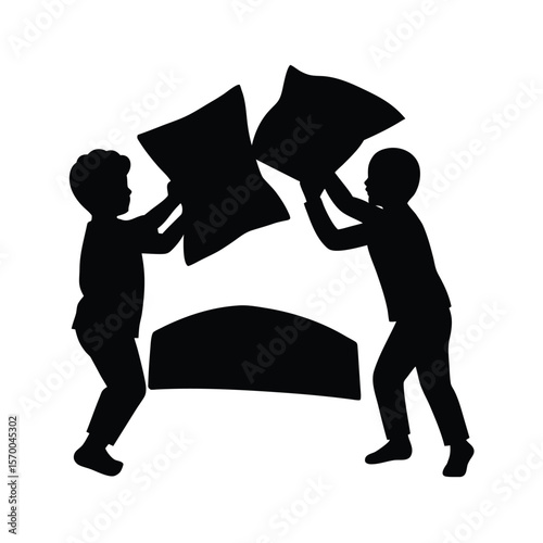 Silhouette brother, Two kids having a pillow fight silhouette vector illustration
