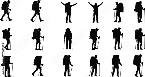 Silhouettes of hikers with backpacks and trekking poles, symbolizing outdoor adventure, exploration, and wilderness travel, perfect for nature and tourism themes.