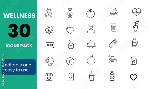 Wellness Line Editable Icons set. Vector illustration in thin-line modern style of remotely mental health-related icons: work-life balance, self-love, meditation, and more. Isolated on white