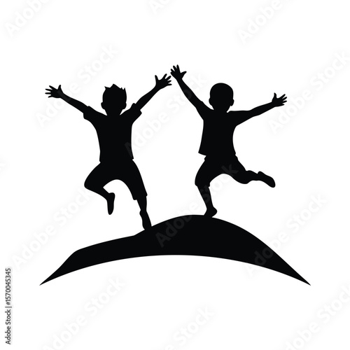 Silhouette brother, Two boys jumping on a hill silhouette vector illustration
