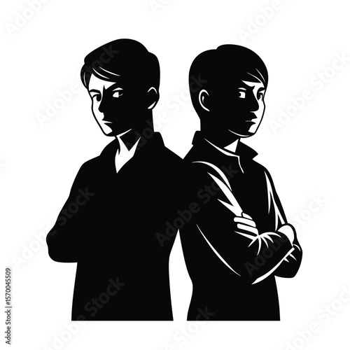 Silhouette brother, Two boys standing back to back arms crossed silhouette vector illustration