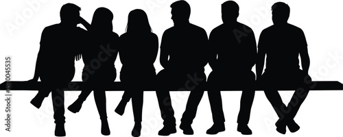 Silhouettes of a diverse group of people sitting closely on a bench, symbolizing community, waiting, public gathering, and social interaction on white.