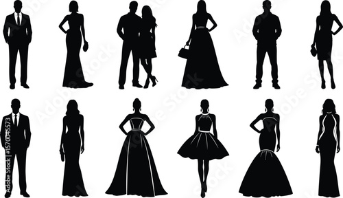 Silhouettes of men and women in elegant formal wear, representing gala events, luxury, fashion, and sophisticated social gatherings, isolated on white.