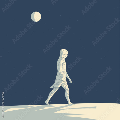 Abstract figure walking under moonlight in night landscape  