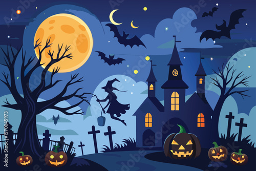 Spooky Halloween night with a haunted castle, silhouetted trees, flying bats, and a glowing pumpkin illustration