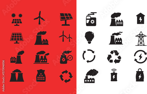 Vector illustration of energy icons depicting solar wind factory power recycling and sustainable resources