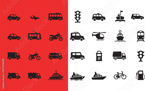 Collection of modern transportation icons representing cars buses airplanes trains and more