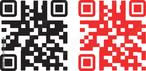 Two qr code symbols side by side black and red color scheme isolated on white background
