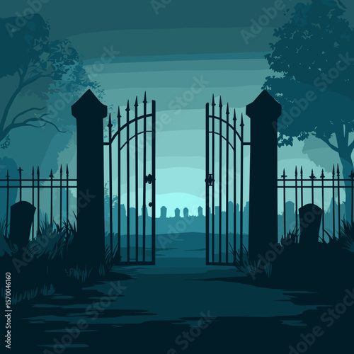 Spooky cemetery gate opening into misty graveyard at night  
