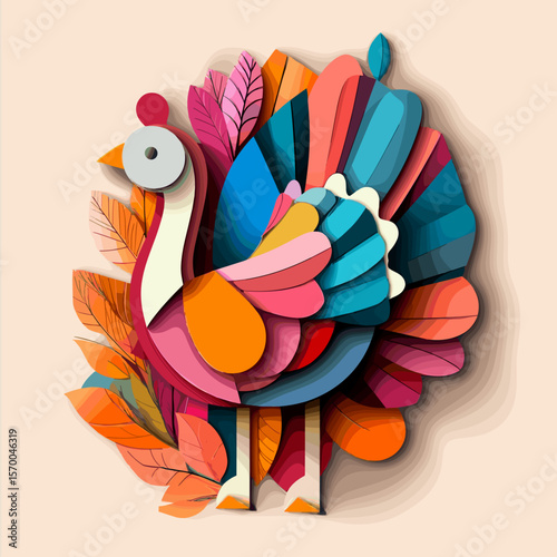 Colorful paper turkey with autumn leaves in playful design  