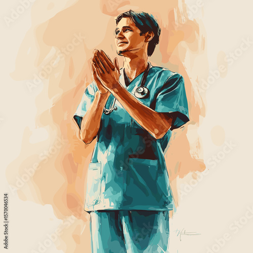 Young male nurse praying with gratitude in teal scrubs  