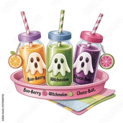 Pastel Watercolor Smoothie Bottles – Glowing Ghost Shapes on Stitched Tray