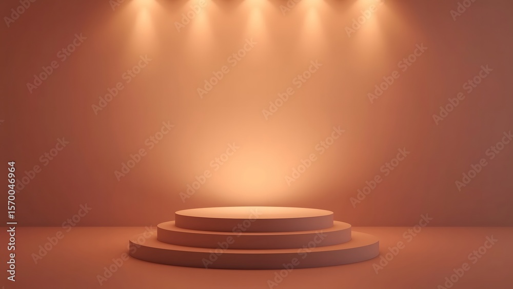 Obraz premium Illuminated circular stage pedestal with warm spotlights on a warm tone background
