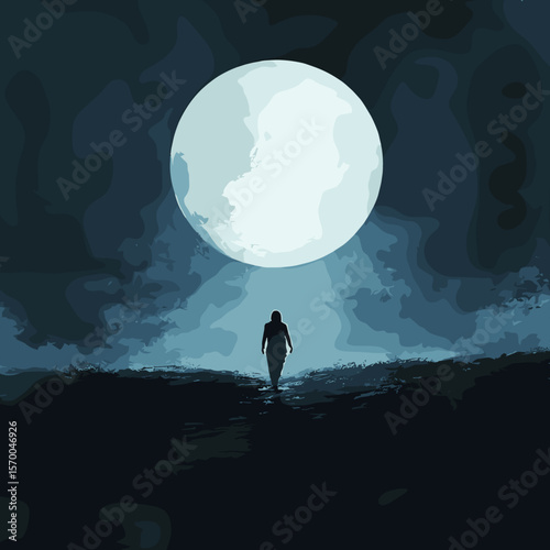 Woman walking alone under a full moon in a dark landscape  