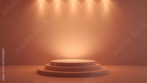 Illuminated circular stage pedestal with warm spotlights on a warm tone background
