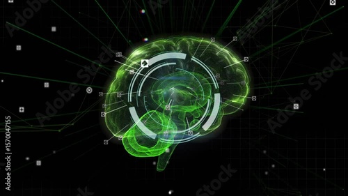 Holographic brain materializing on activation, rings spinning, icons flashing for medical analysis