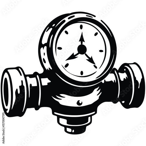Black and white icon of a round water meter with dial and pipes