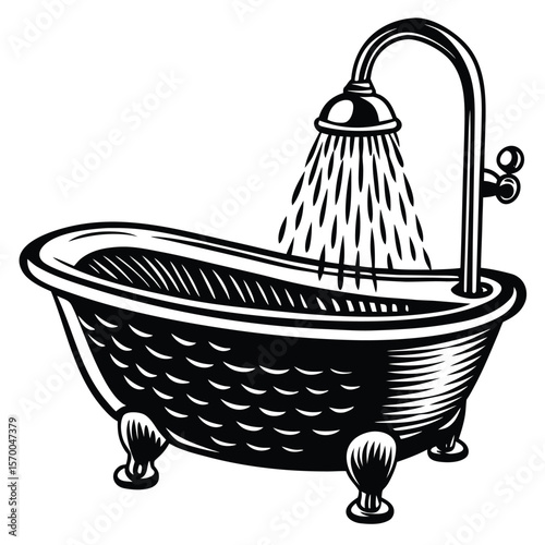 Clawfoot bathtub with shower pouring water vintage