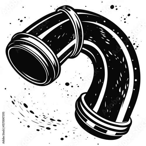 Curved pipe connector with black ink splatters elbow