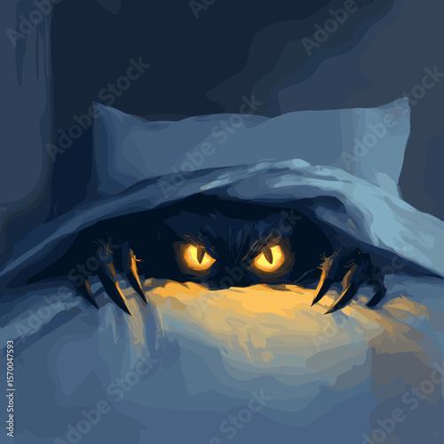 Mysterious creature with glowing eyes hiding under bed covers  