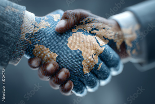 Global handshake symbolizes business partnership with world map design