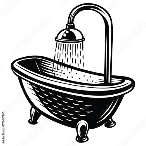 Vintage bathtub with shower stream water retro