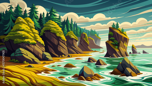 Bay of Fundy, New Brunswick – Surreal rock formations covered in seaweed appear and vanish with dramatic tides, offering a mysterious coastal scene.