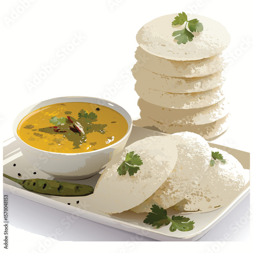 South Indian Breakfast Rava idli, served with coconut chutney and sambar or curr