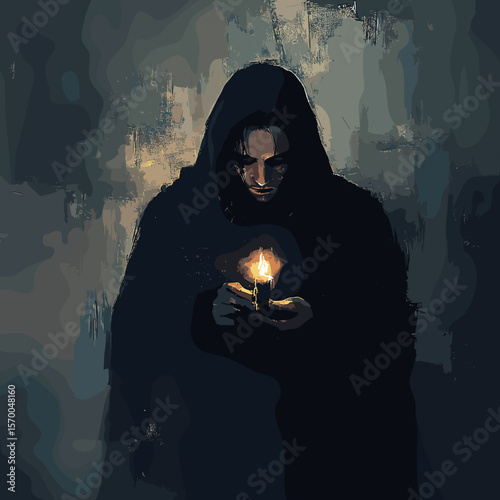 Hooded figure holding candle in dark atmosphere with shadows  