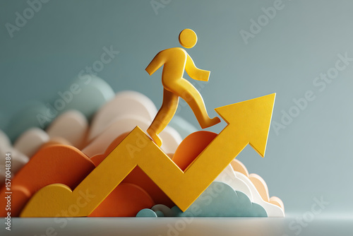 Pathway of success illustrated with a figure ascending a vibrant graph