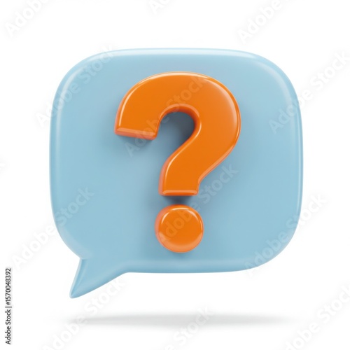 Bright orange question mark inside a rounded light blue speech bubble on white background