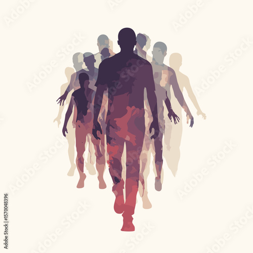Abstract silhouettes of walking figures in layered colors  