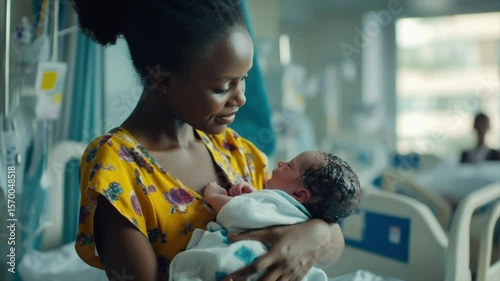 A mother lovingly cradles her newborn baby in a hospital room