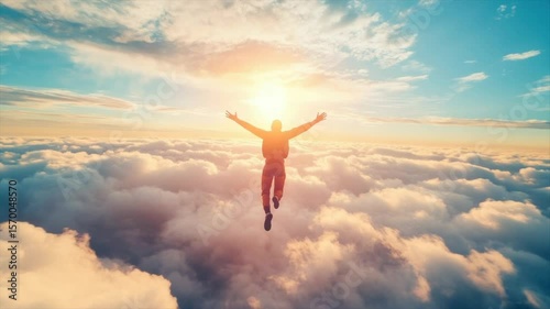 A person silhouetted against a vibrant sunset, arms outstretched, joyfully falling through fluffy clouds
