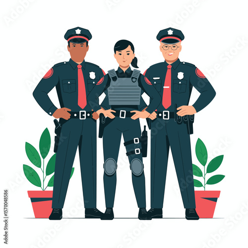 Illustration of Three Police Officers in Uniforms Standing Confidently Together, Representing Law Enforcement, Security